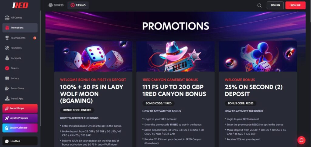 Discover 1Red Casino promotions